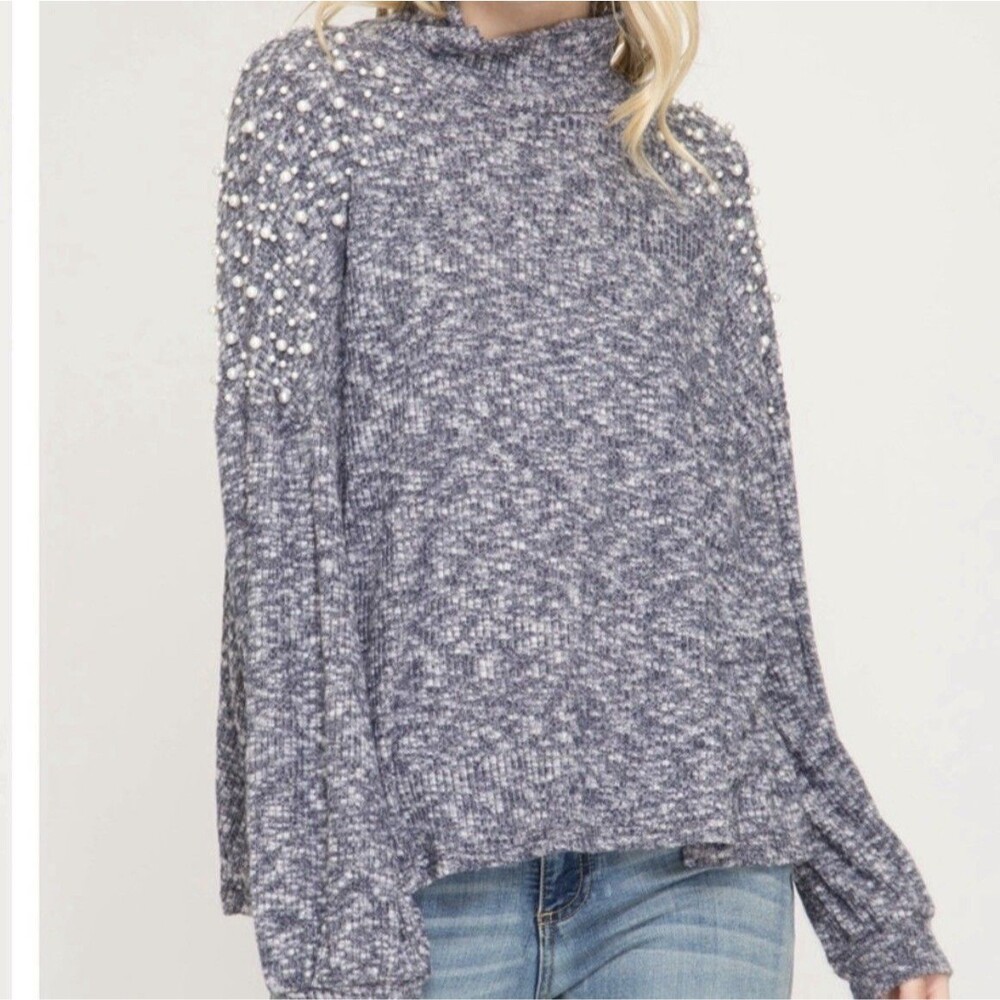 SHE + SKY Women Gray Pearl Shoulder Mock Neck Knit Pullover Sweater Size L
